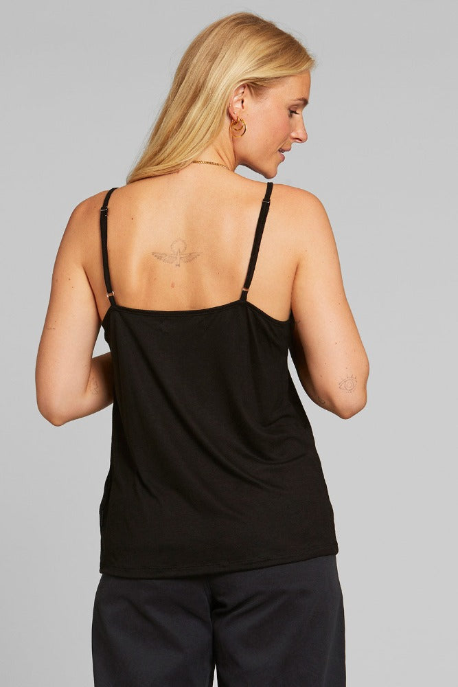 Long black Dedicated v neck Lykke slouchy cami top with spaghetti straps