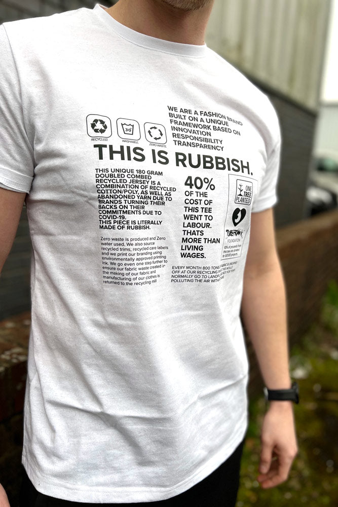 Tobefrank rubbish print white short sleeved  T shirt made from reclaimed and recycled cotton