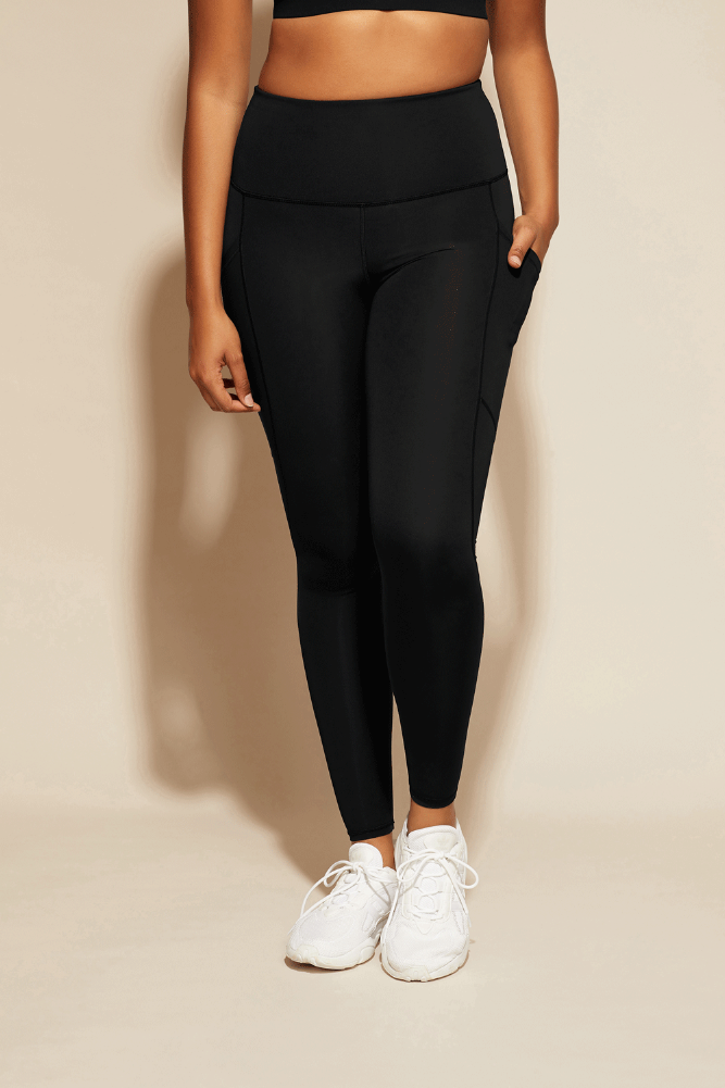 Black Essential Leggings from DK Active with side pockets and squat proof the ideal choice for the gym yoga or running