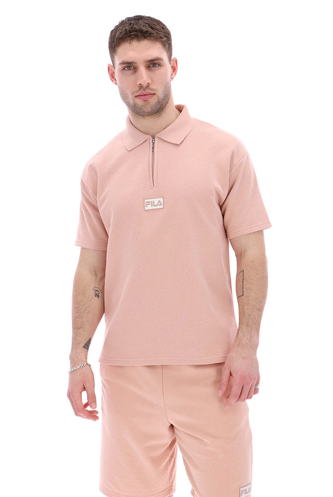 Rose pink Stew Recycled 1/4 Zip Polo Shirt with Fila badge on chest for men or unisex 
