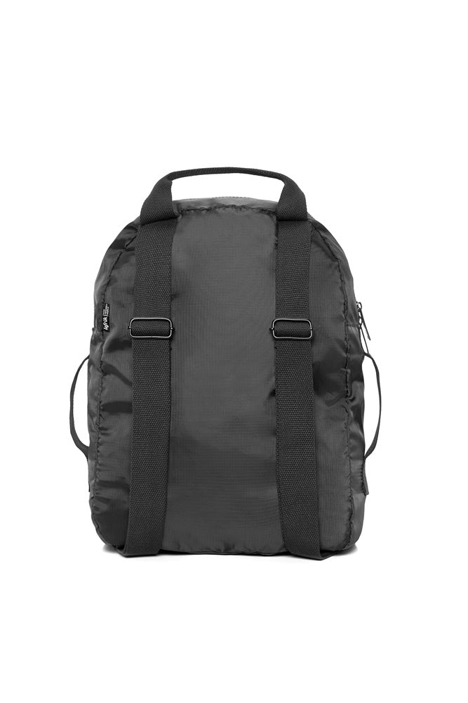 Foldaway backpack in black with side handle Lefrik front zipper pockets