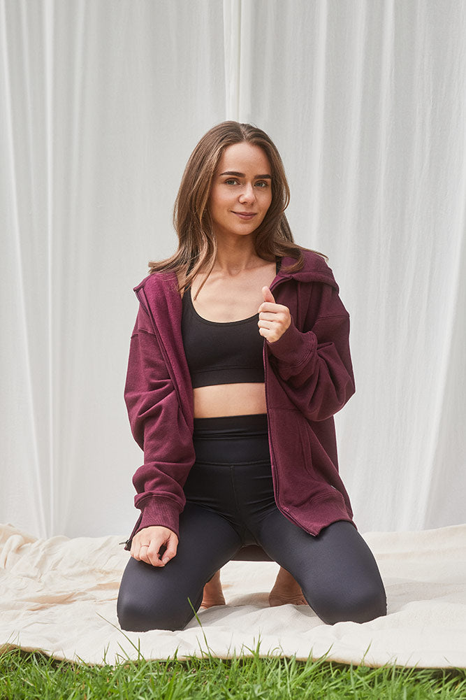 treefleece oversized full zip hoodie burgundy tentrees womans gym hoodie