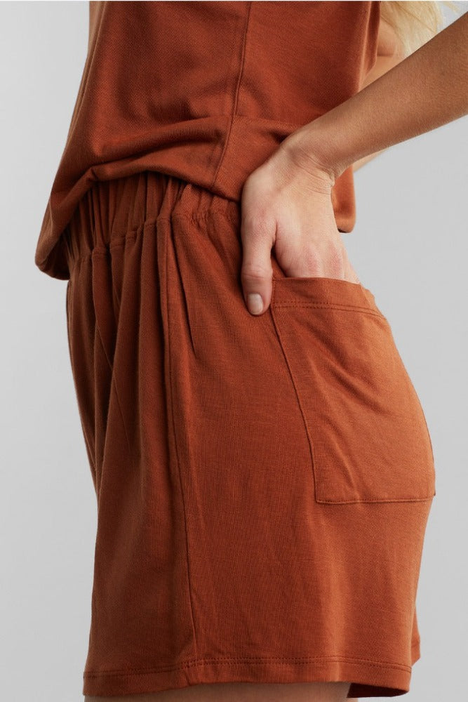 Dedicated rust lyby yoga lounge shorts made from one hundred percent Tencel