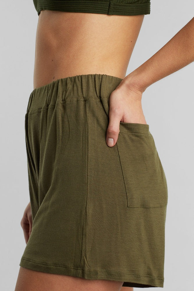 Lounge shorts by dedicated with pockets in leaf green