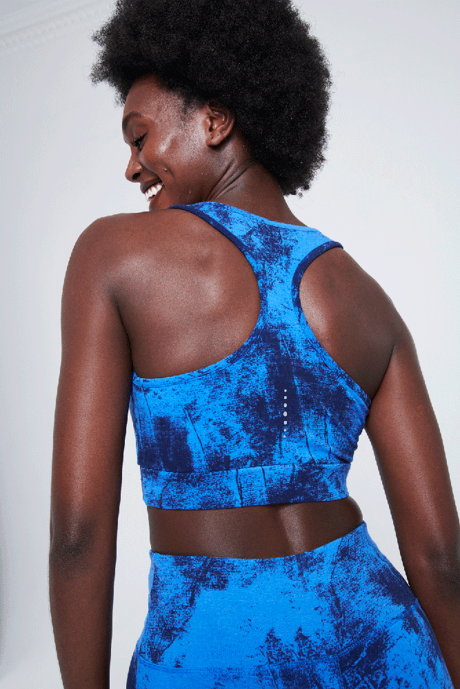 Balance Bra Top by Asquith in Shadow Sky Print Bright blue with dark navy blue print, racer back and thick band