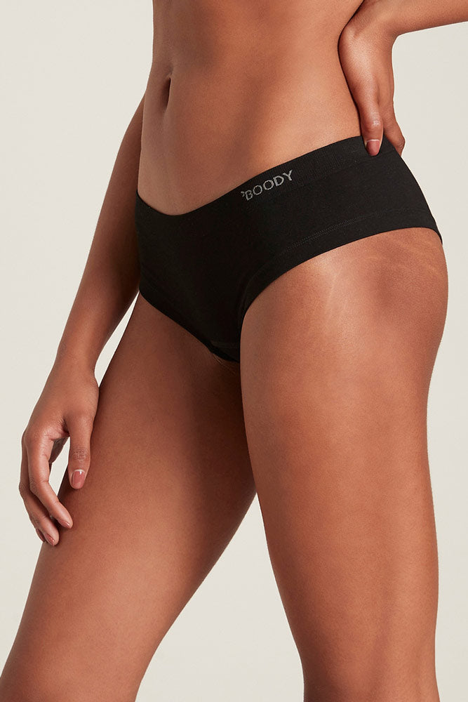 Side view of Boody Brazillian bikini briefs in black