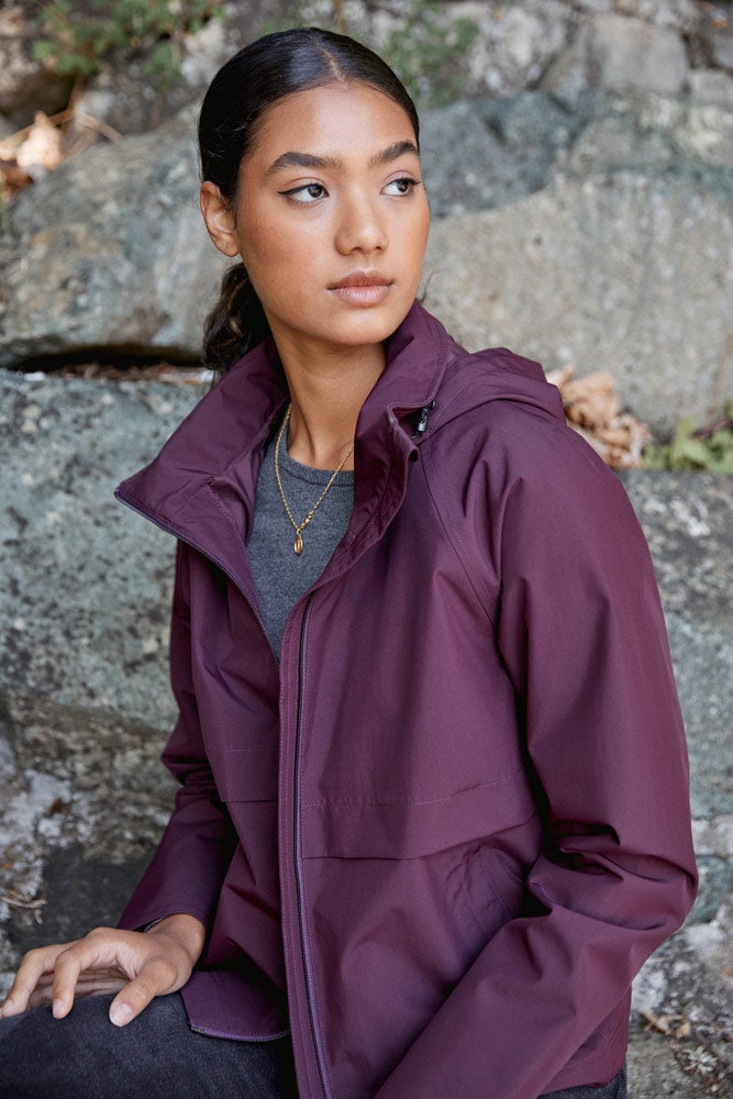 tentree nimbus rain jacket burgundy zip sustainable fashion