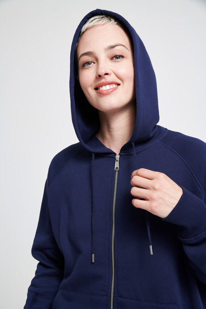 Asquith Longline Cosy Hoodie navy blue bamboo material ideal for keeping the chill out on your way to a yoga class