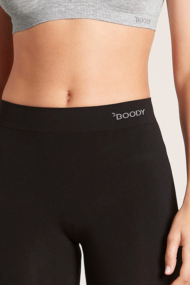 Active cropped black everyday leggings with boody branding on ribbed waist band