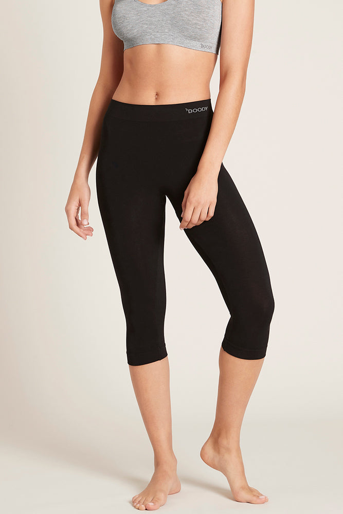 Active cropped black everyday leggings with boody branding on ribbed waist band