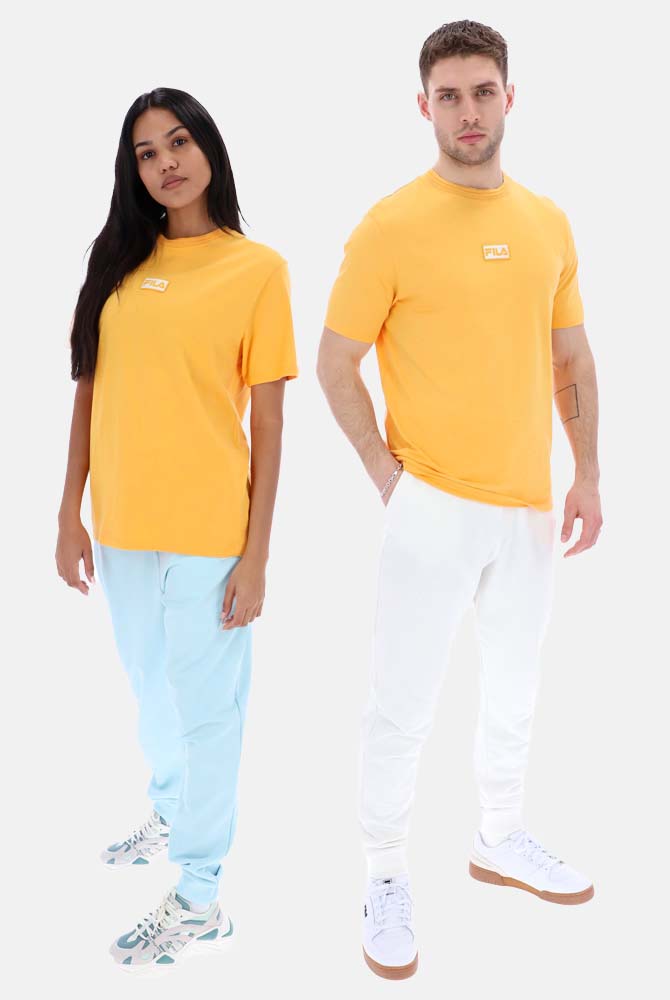 Dax unisex t shirt in orange on man and woman