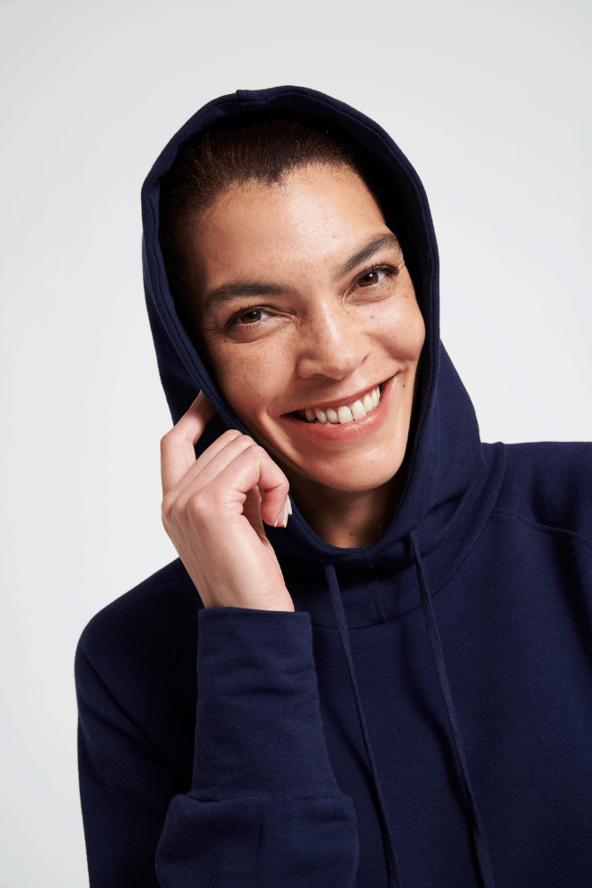 Longline Asquith Heavenly Hoodie navy blue bamboo fabric creates an insulating layer for outdoor adventures or  just lounging
