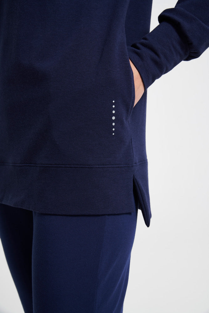 Navy blue Longline Heavenly Hoodie from Asquith pockets to keep your hands warm whilst on the way to a workout or participating in hiking or walking