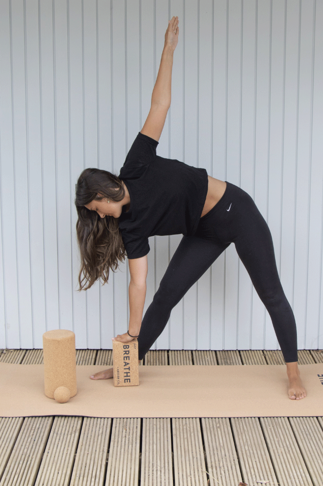 Liga sustainable cork yoga mat with black breath text 