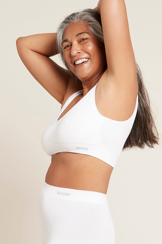 White padded wireless shaper bra with boody branding 