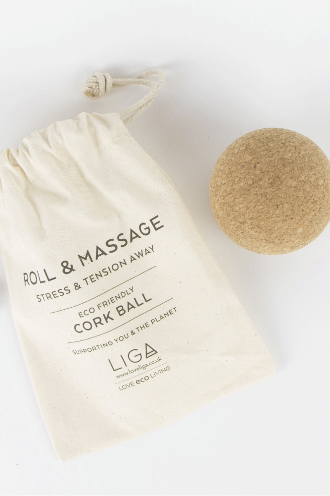 Sustainable Cork massage ball from Liga with organic cotton bag 