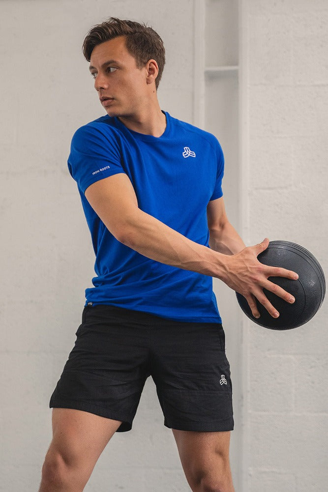 Mens Beechwood Performance Tee in blue by Iron Roots gym top sports t
