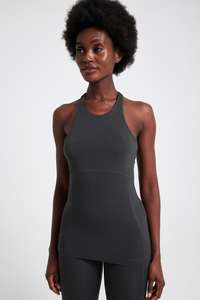 Asquith Radiance Racer back slate grey vest can be used as a gym top with its built in bra
