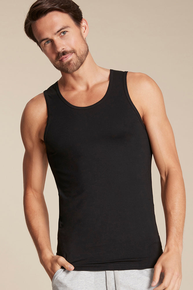 Soft black mens tank top with boody branding on the side