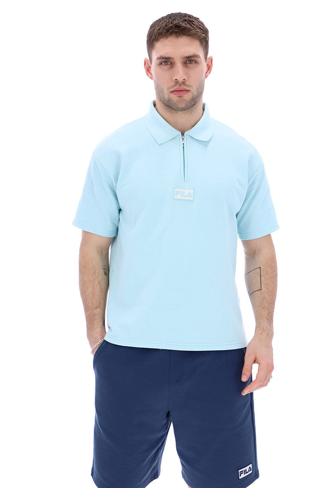 Fila stew Recycled 1/4 Zip Polo Shirt light blue with short sleeves and ribbed collar detail