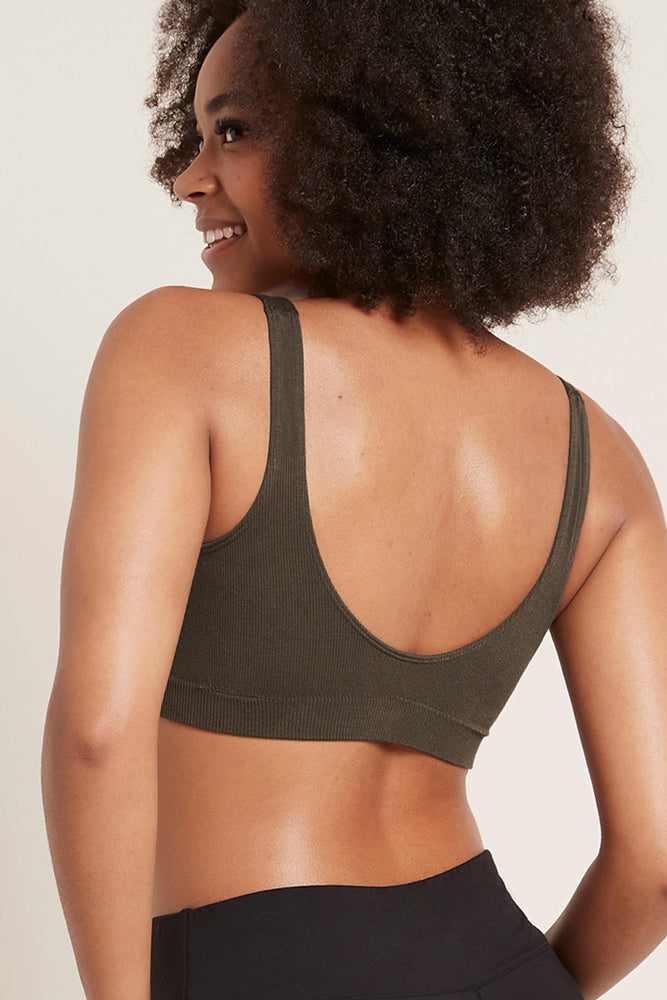 Womens khaki green essential practicle sports bra by boody made from sustainable organic bamboo 