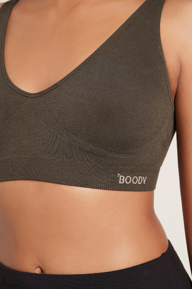 Womens khaki green essential practicle sports bra by boody made from sustainable organic bamboo 