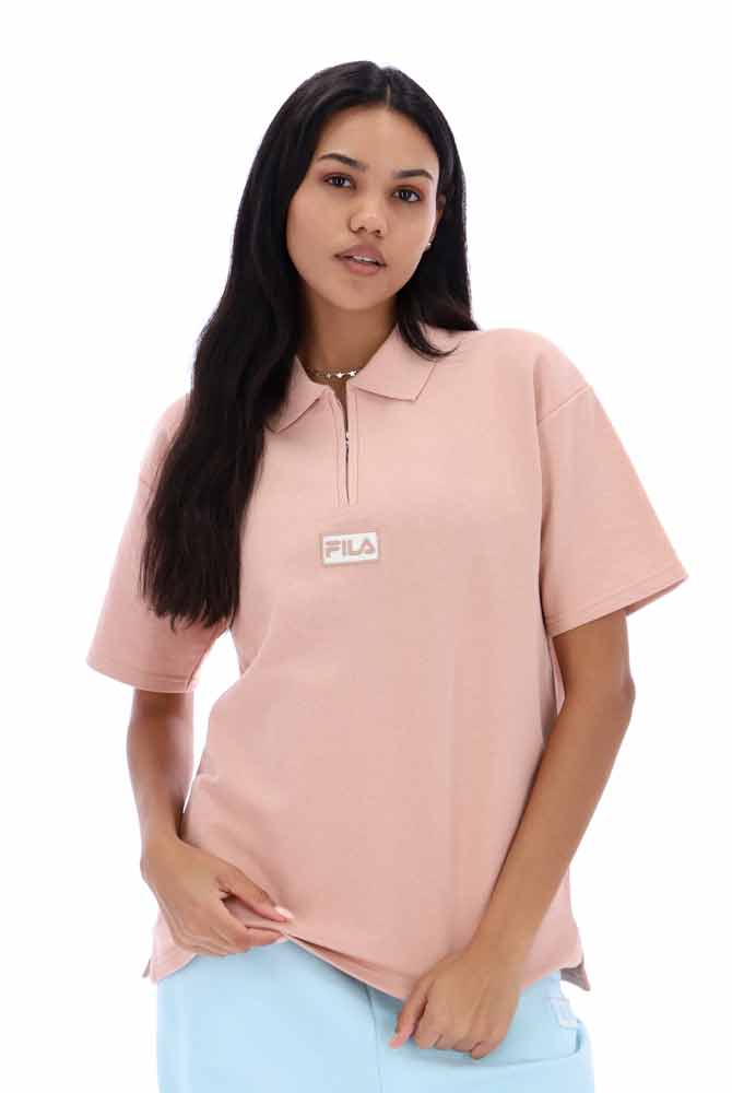 Recycled stew polo top in pink with 1/4 zip