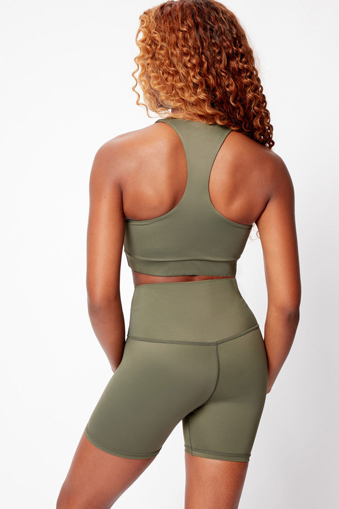 Womens V neck khaki green racer back Contur Afresh sports bra