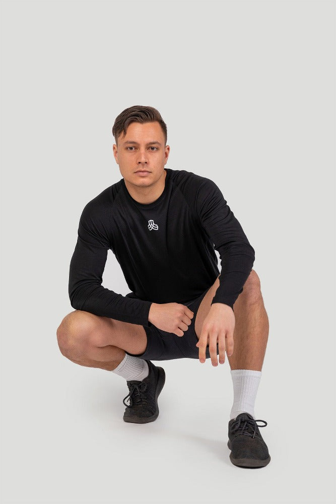 Mens Performance Long Sleeve Tee in black from Iron Roots workout top eco clothing