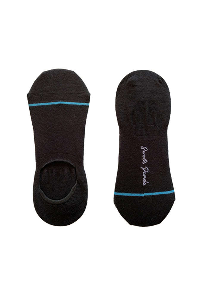 Swole Panda no show black trainer socks with blue stripe