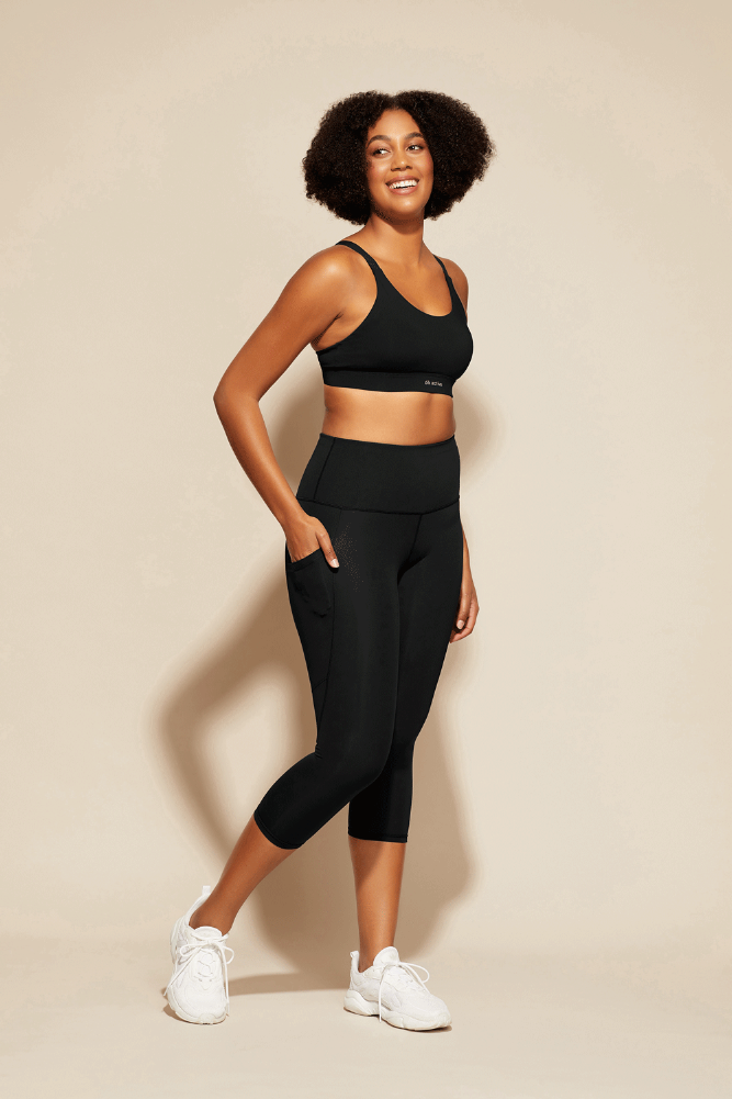 DK Active black Essential Capri Leggings versatile sports leggings  made from 65% recycled materials moisture wicking and muscular support